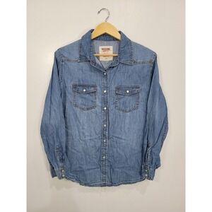 Mossimo Supply Womens Denim Shirt Medium Wash Boyfriend Fit Western Snap Blue L